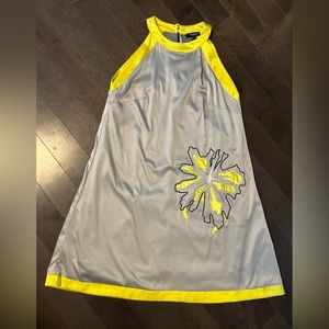 Axara silky silver and yellow haltered sleeveless dress lined.